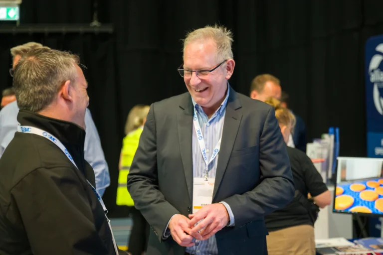 Exhibitors and visitors in conversation at the 2026 Sustainable Food Factory and Food+Beverage Engineering event.