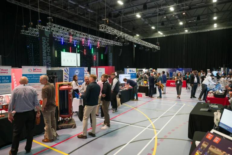 Wide view of the exhibition floor and seminar area at the 2026 Sustainable Food Factory and Food+Beverage Engineering event.